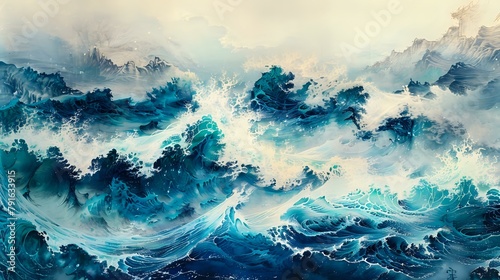 Eastern Artistry: Azure Sea in Chinese Ink Wash