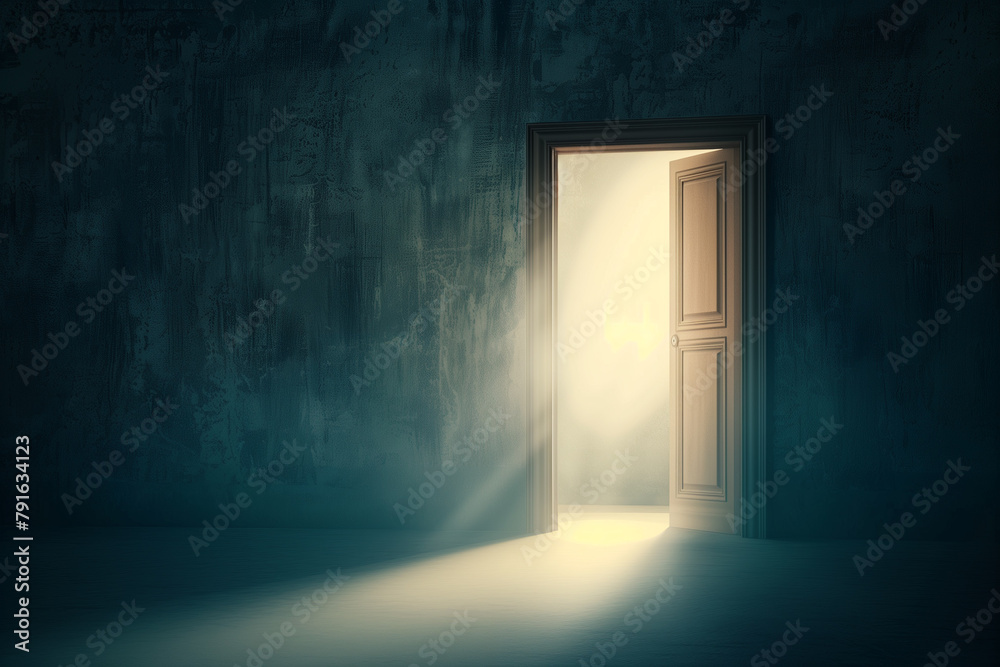 Portal of possibility. Illuminated open door in dark room Portal of possibility. Illuminated open door in dark room
