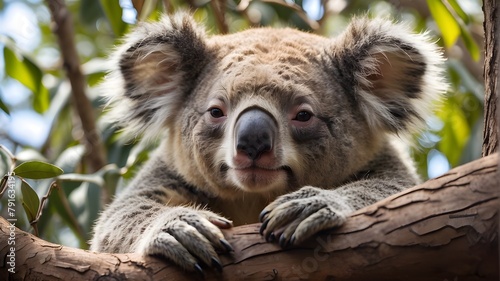 A playful koala bear lounging on a tree branch  its fluffy fur blending in with the surrounding leaves.