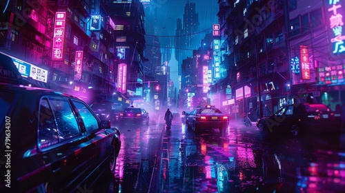 A battle scene set in a neon-lit cyberpunk city AI generated illustration