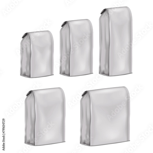 Blank flat bottom bag with folding top. Vector mock-up set. Gusseted pouch package. Various sizes mockup kit. Template for design