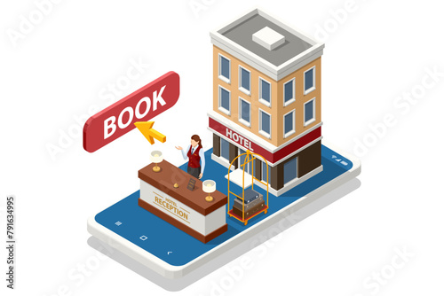 Isometric Online Hotel Booking Concept. Characters Planning Trip and Choosing Destination. People Booking Hotel and Search Reservation for Holiday. Smartphone Maps GPS Location