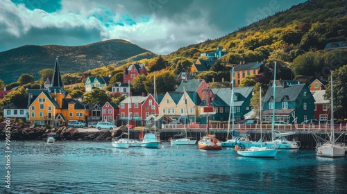 A charming seaside town with sailboats in the harbor AI generated illustration