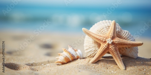 Starfish on the sand beach .Summer background. Summer time .Copy space. Relaxing on the beach. Copy space