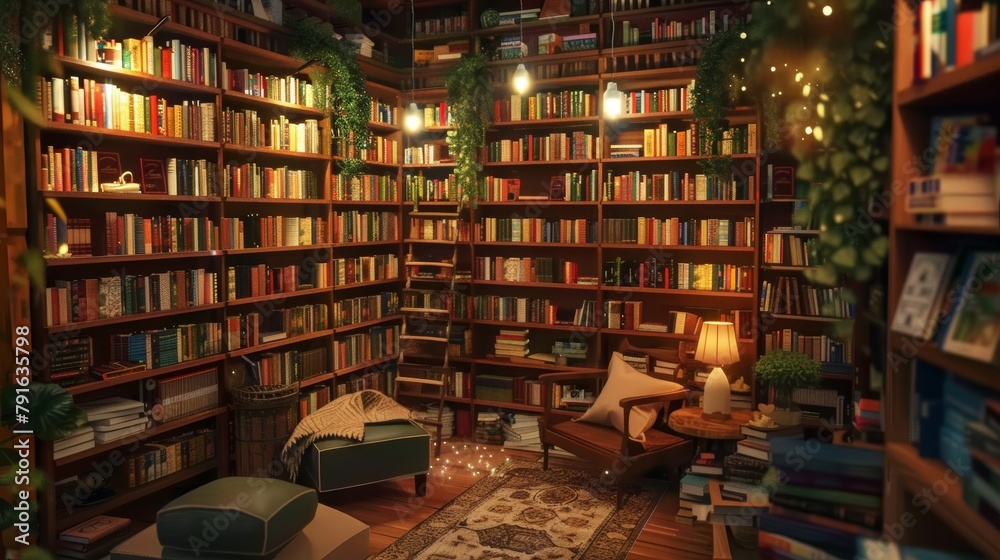 A cozy 3d bookstore with shelves of books and cozy reading nooks AI generated illustration A cozy 3d bookstore with shelves of books and cozy reading nooks AI generated illustration