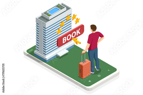 Isometric Online Hotel Booking Concept. Characters Planning Trip and Choosing Destination. People Booking Hotel and Search Reservation for Holiday. Smartphone Maps GPS Location