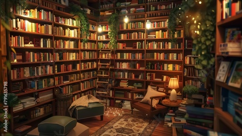 A cozy 3d bookstore with shelves of books and cozy reading nooks AI generated illustration