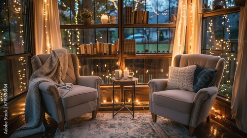 A cozy reading nook with plush chairs and fairy lights AI generated illustration