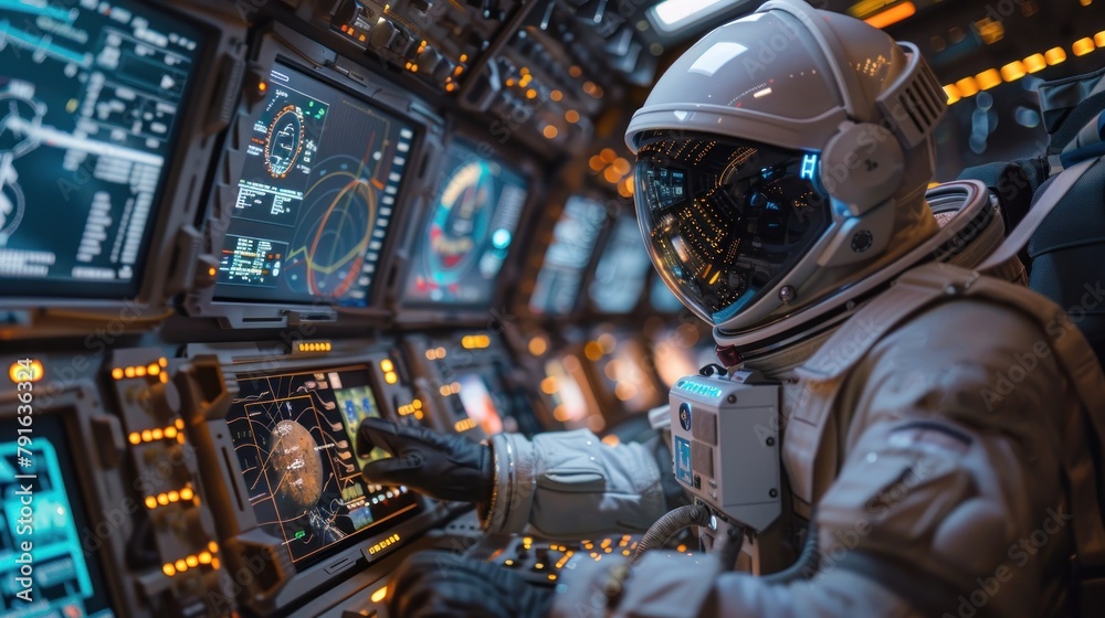 Obraz premium Close-Up of Astronaut Operating Spacecraft Controls. Close-up of an astronaut with a reflective visor operating glowing control panels inside a spacecraft.