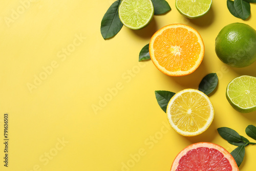 Different cut and whole citrus fruits on yellow table, flat lay. Space for text