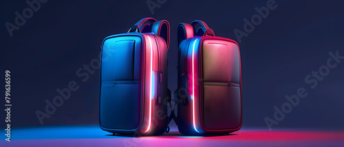 Travel Essentials: NHolographic luggage bag on dark backgroundeon Bulb and Baggage Icon photo