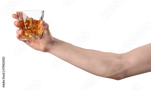 Bild auf Leinwand Man holding glass of whiskey with ice cubes on white background, closeup
