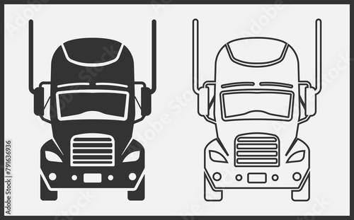 Truck icon front view. Black on White Background. Vector Illustration.