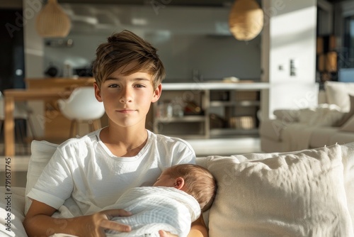 Young boy holding a newborn baby brother in a peaceful family environment. Brotherhood, family, care, love and the joy of new life.