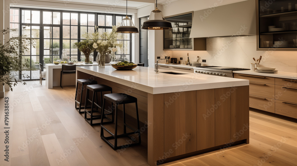 An opulent kitchen interior in a beautiful luxury residence, highlighted by a chic island and luxurious wooden flooring, offering a perfect setting for gourmet cooking and entertaining.