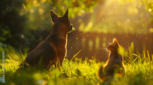 a dog and a cat are sitting in the grass one of them is a dog and the other is a cat.The dog is chasing its tail while the cat lazily watches, flicking its tail back and forth. The sun is shining brig photo