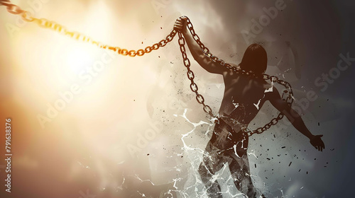 A person breaking chains symbolizing liberation from oppression and injustice. photo