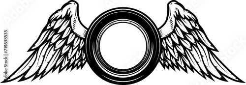 Black and white winged wheel illustration isolated on white background. Design element for emblem, sign, poster, card, badge. Vector illustration