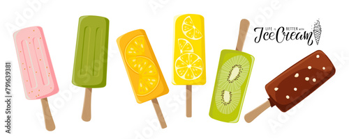 Ice cream set. Creamsicle popsicle. Sweet delicious frozen summer dessert. Fruit ice cream. Flat vector Illustration for design, poster, banner, menu. Toothpick ice cream. Summer Sweet Fast Food.