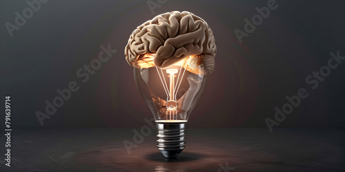 a brain ona light bulb glows brightly against a dark background photo
