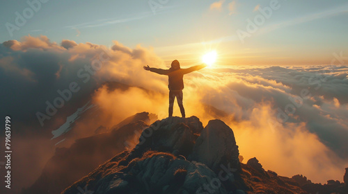 A person atop a mountain at dawn  arms spread wide  beaming with joy.