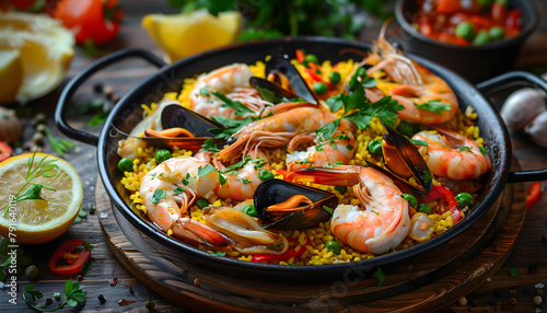 Spanish paella dish is displayed on a rustic wooden table. The paella pan sits proudly in the center of the table, brimming with a colorful array of ingredients