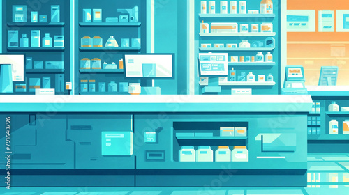 Illustration of a Pharmacy With Shelves Full of Medicine. Flat Style. Ideal for Banner, Social Media