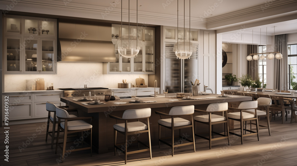 A captivating kitchen space in a newly built luxury home, featuring a spacious island and stunning wooden floors, illuminated by natural light, creating an ambiance of modern elegance.