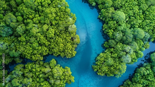 River flowing through dense green forest seen from above