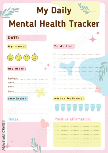 Daily planner. Daily mental health tracker.To do list and organizer, place for notes. My goals, Water balance. Mood tracker and place for affirmations. Vector template illustration in simple style 