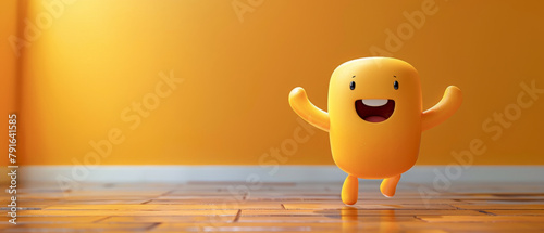 A cartoon character is jumping in the air with a big smile on its face