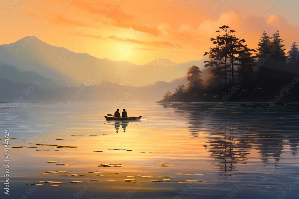 A painting of a couple rowing a boat on a lake at sunset.