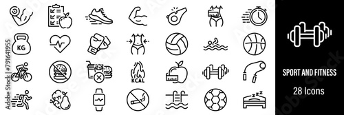 Sport and Fitness Web Icons. Gym, Fitness Exercise, Diet, Nutrition, Body Care. Vector in Line Style Icons