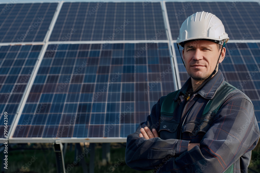 Man in hard hat stands in front of solar panel. Maintenance and expecting photovoltaic installation. Development of solar energy Man in hard hat stands in front of solar panel. Maintenance and expecting photovoltaic installation. Development of solar energy