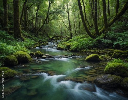 Showcase a crystal-clear stream winding through a lush green forest teeming with life. 