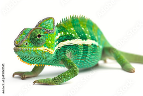 Vivid green chameleon isolated on white background. Close up shot of lizard