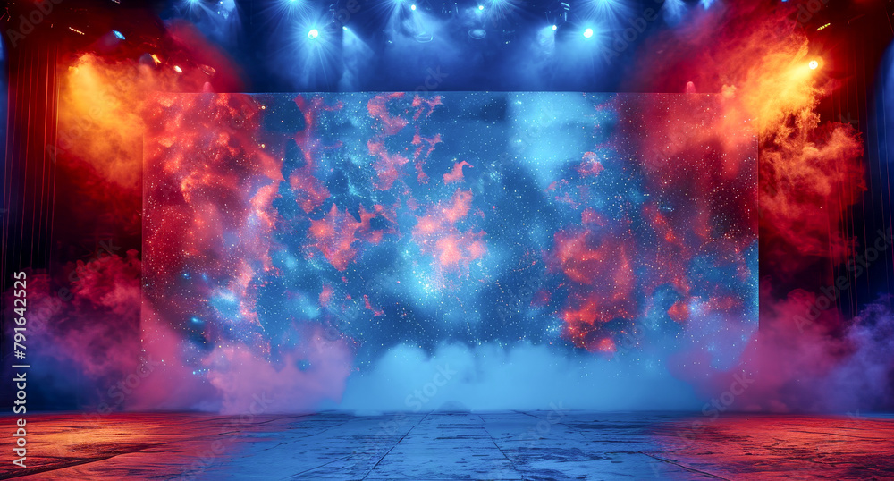 Fototapeta premium Large screen with blue and red background, focus lights, smoke, dreamy scene