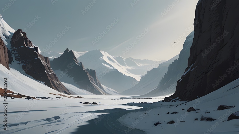 A vast, icy landscape with the chilling wind whistling through the canyons, rendered in a minimalist sketch style - obrazy, fototapety, plakaty 