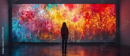Woman stands in front of large colorful screen of painting, captivated by the artwork