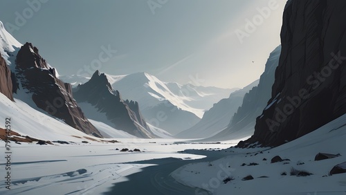 A vast, icy landscape with the chilling wind whistling through the canyons, rendered in a minimalist sketch style photo