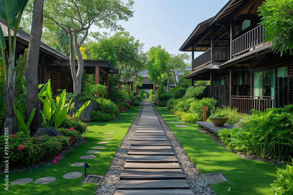 The created image combines the tranquility and architectural beauty of a traditional resort. Surrounded by lush nature. wood and stone structures Reflecting modern Asian feelings	
