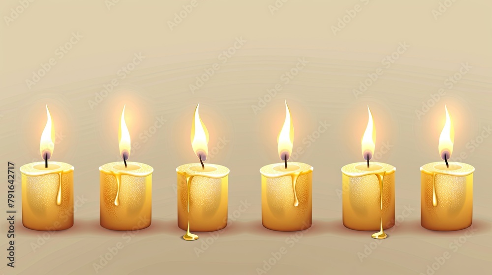 Six golden candles with flickering flames line up evenly against a neutral background Six golden candles with flickering flames line up evenly against a neutral background