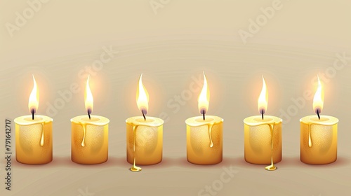 Six golden candles with flickering flames line up evenly against a neutral background