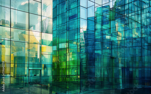 vibrant geometric shapes exterior of modern architecture made of reflective glass with blue and green hues
