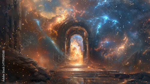 A mystical chamber holding the powerful Mirror of Infinite Worlds, surrounded by swirling stars and gateways leading to endless dimensions. photo