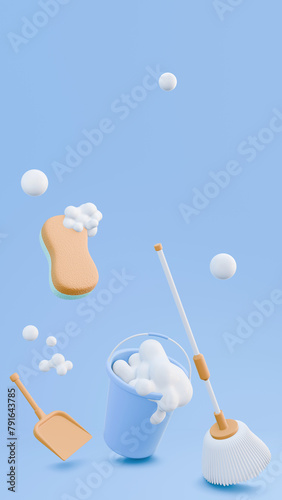 Concept cleaner. Cartoon mop, pail, sponge and dustpan in the blue background, 3d rendering