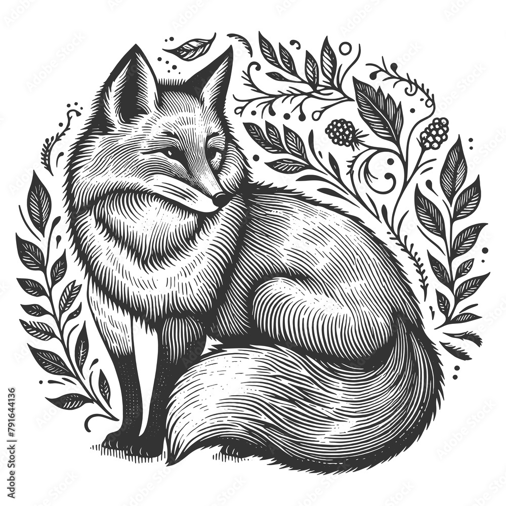 Fototapeta premium serene fox encircled by intricate floral patterns sketch engraving generative ai raster illustration. Scratch board imitation. Black and white image.