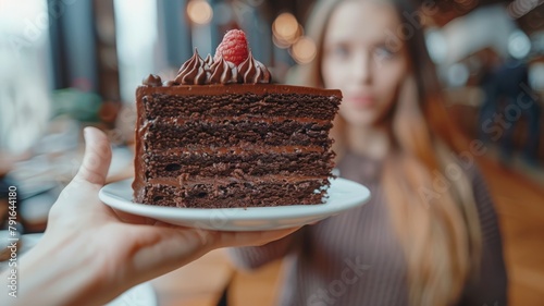 close up of a chocolate cake with a woman looking at ir in the back photo