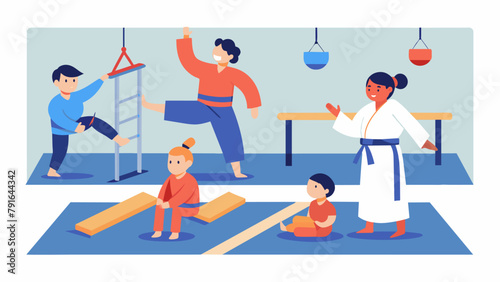 A judo class for those with developmental disabilities incorporates specialized equipment such as padded mats and balance beams to ensure