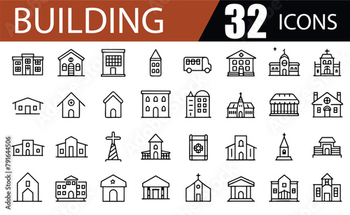 Building Line Editable Icons set. Line Vector illustration in modern thin line style of types of residential and public buildings condo, government, school, church.